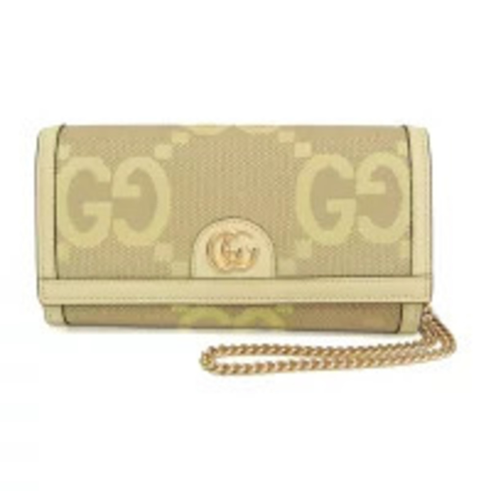 Gucci Jumbo GG Canvas Leather Chain Wallet Shoulder Bag Beige Cream